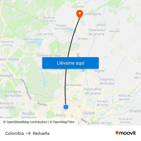 Colombia to Redueña map