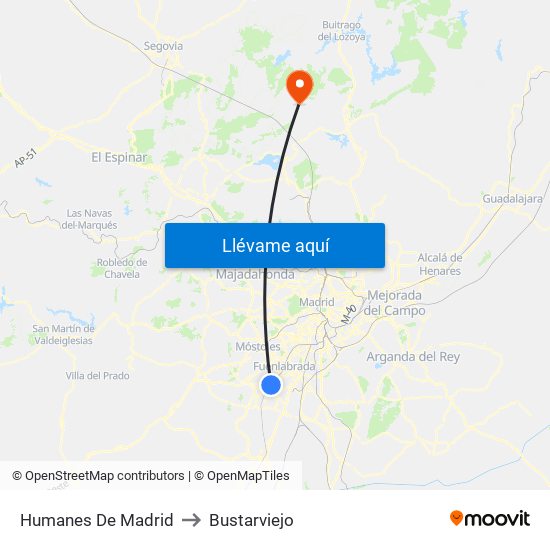Humanes De Madrid to Bustarviejo map