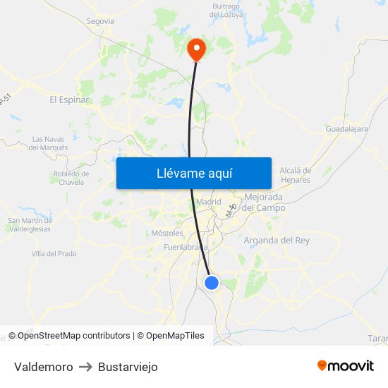 Valdemoro to Bustarviejo map