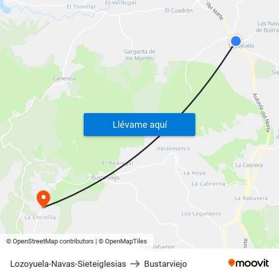 Lozoyuela-Navas-Sieteiglesias to Bustarviejo map
