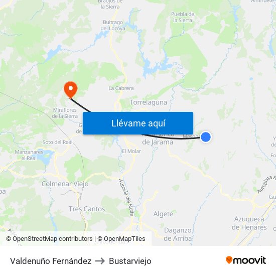 Valdenuño Fernández to Bustarviejo map