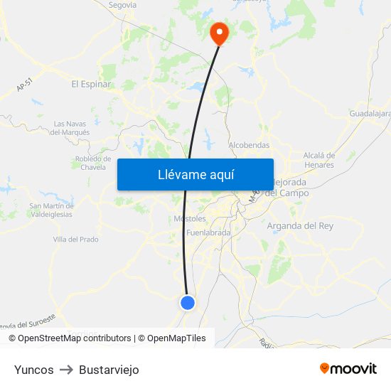 Yuncos to Bustarviejo map
