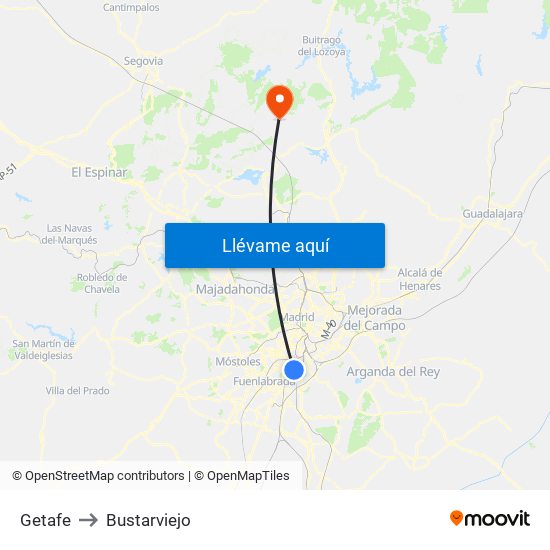 Getafe to Bustarviejo map