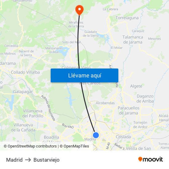 Madrid to Bustarviejo map