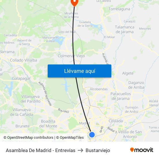 Asamblea De Madrid - Entrevías to Bustarviejo map