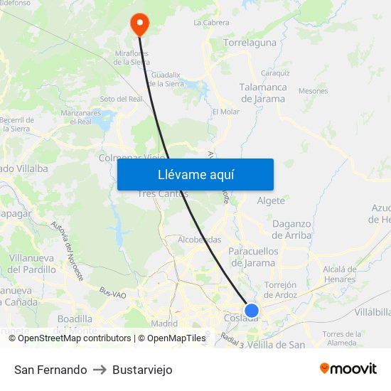 San Fernando to Bustarviejo map