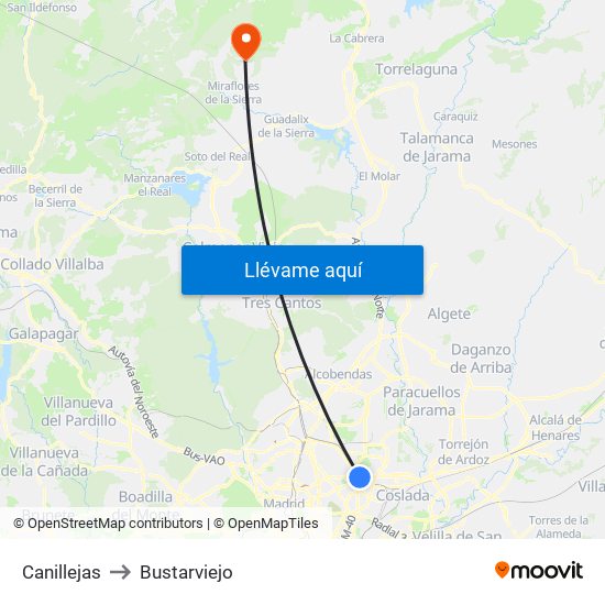 Canillejas to Bustarviejo map