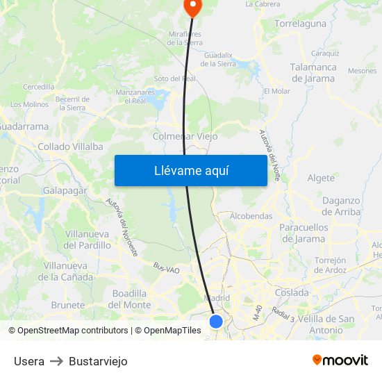 Usera to Bustarviejo map