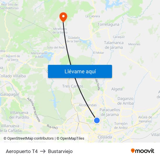 Aeropuerto T4 to Bustarviejo map