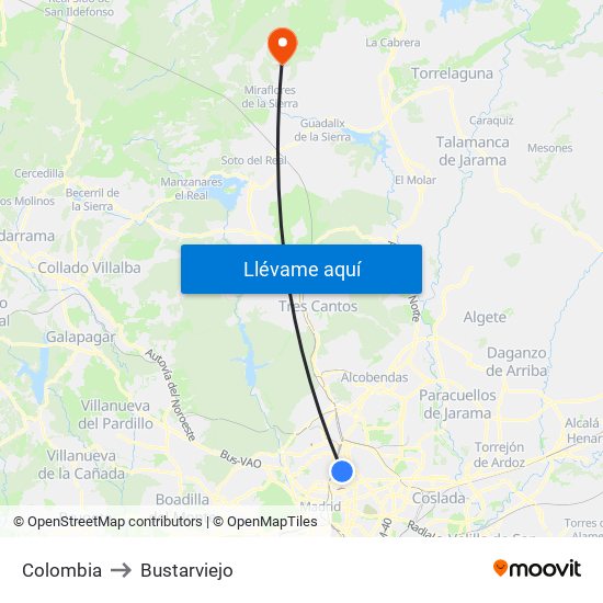 Colombia to Bustarviejo map