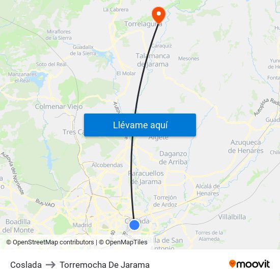 Coslada to Torremocha De Jarama map