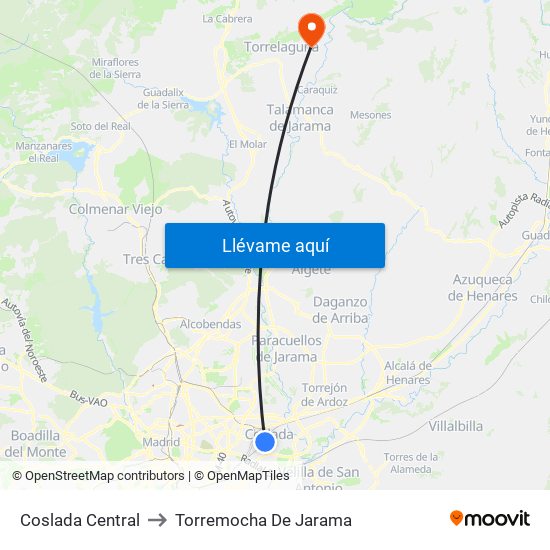 Coslada Central to Torremocha De Jarama map