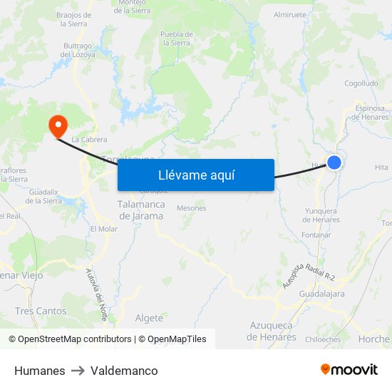 Humanes to Valdemanco map