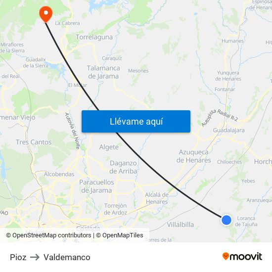 Pioz to Valdemanco map