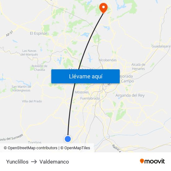 Yunclillos to Valdemanco map