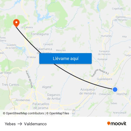 Yebes to Valdemanco map