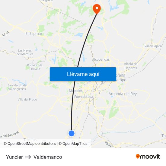 Yuncler to Valdemanco map