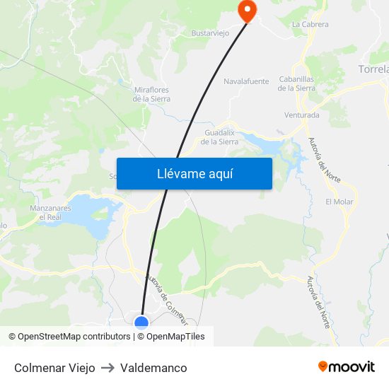 Colmenar Viejo to Valdemanco map