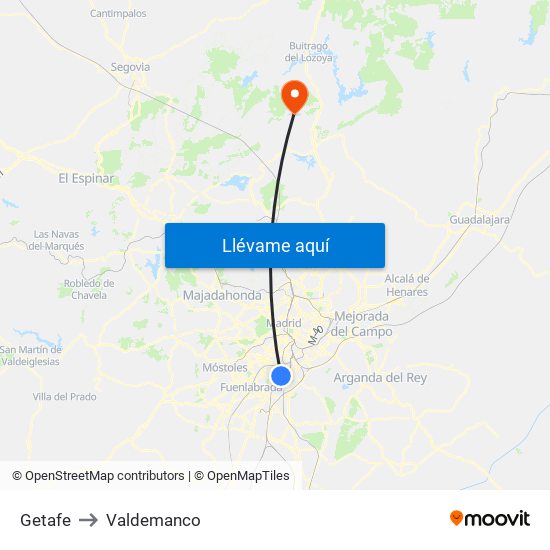 Getafe to Valdemanco map