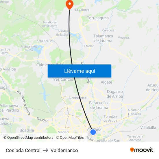 Coslada Central to Valdemanco map