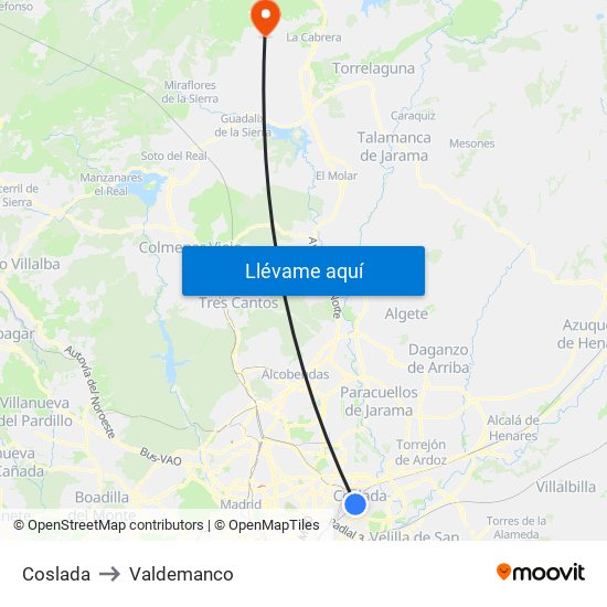 Coslada to Valdemanco map