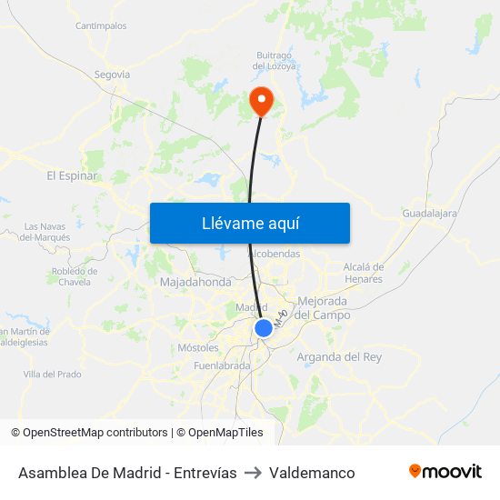 Asamblea De Madrid - Entrevías to Valdemanco map