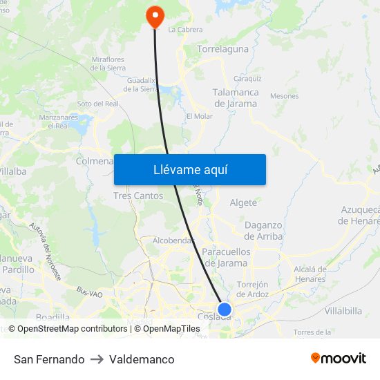 San Fernando to Valdemanco map