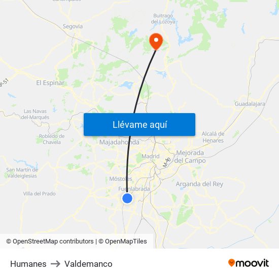 Humanes to Valdemanco map