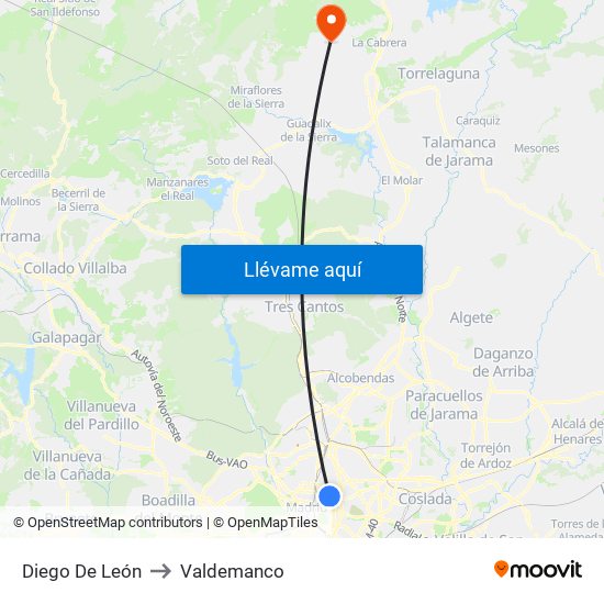 Diego De León to Valdemanco map