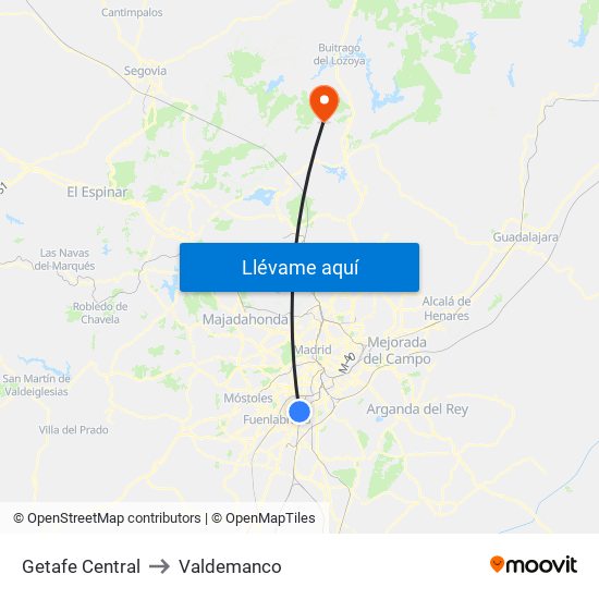Getafe Central to Valdemanco map