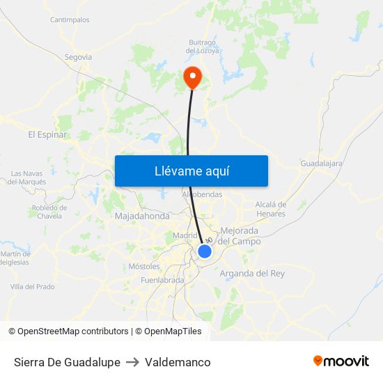 Sierra De Guadalupe to Valdemanco map