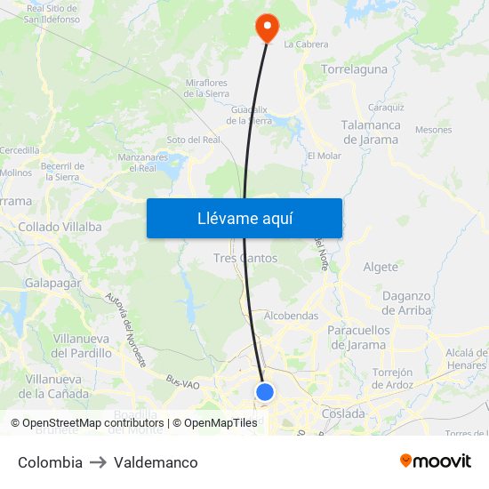 Colombia to Valdemanco map