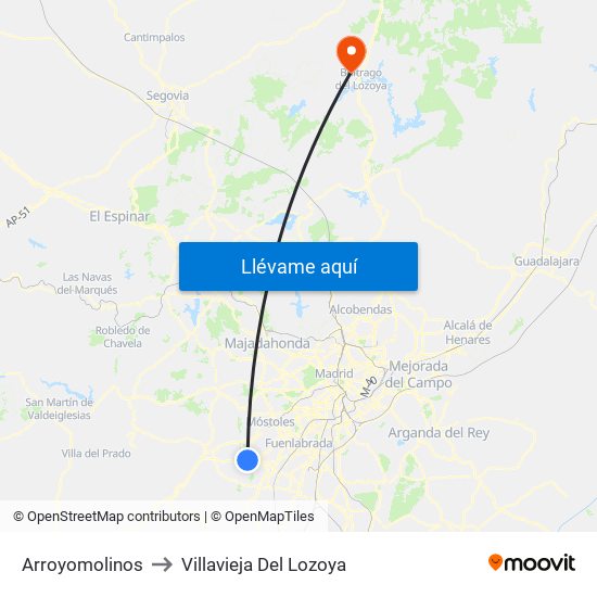 Arroyomolinos to Villavieja Del Lozoya map