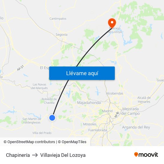 Chapinería to Villavieja Del Lozoya map
