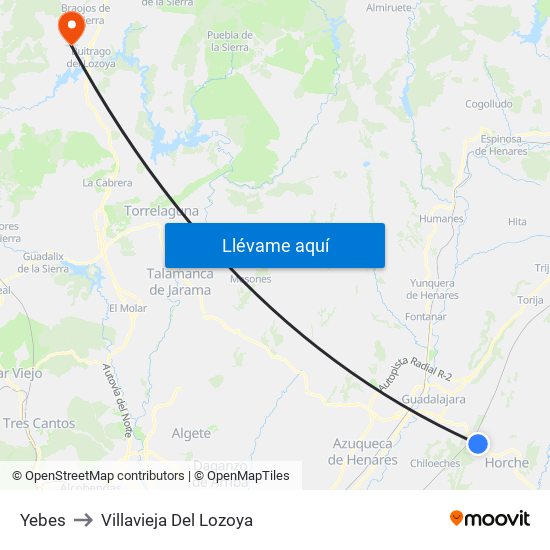 Yebes to Villavieja Del Lozoya map