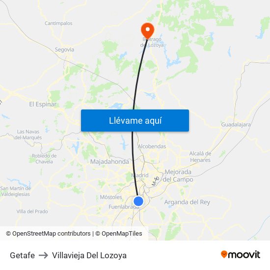 Getafe to Villavieja Del Lozoya map