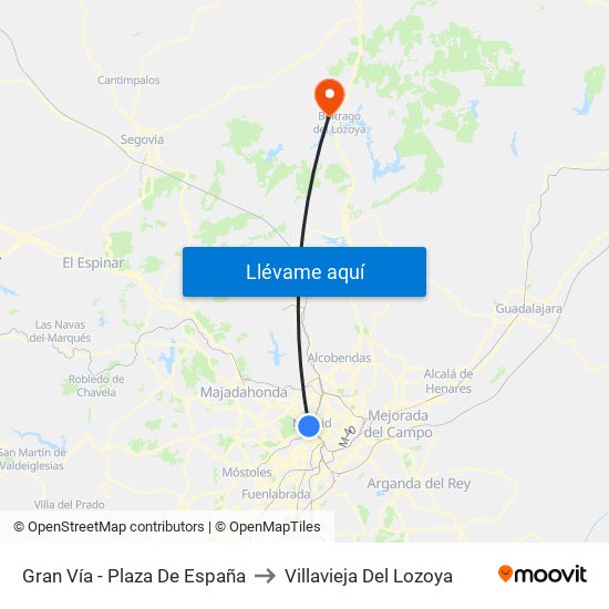 Gran Vía - Plaza De España to Villavieja Del Lozoya map
