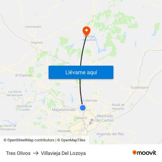 Tres Olivos to Villavieja Del Lozoya map