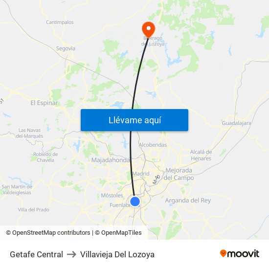 Getafe Central to Villavieja Del Lozoya map