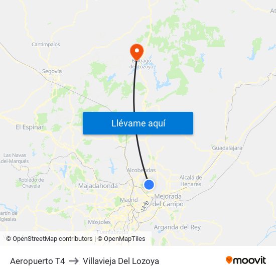 Aeropuerto T4 to Villavieja Del Lozoya map