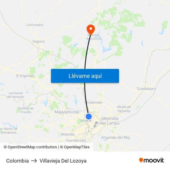 Colombia to Villavieja Del Lozoya map