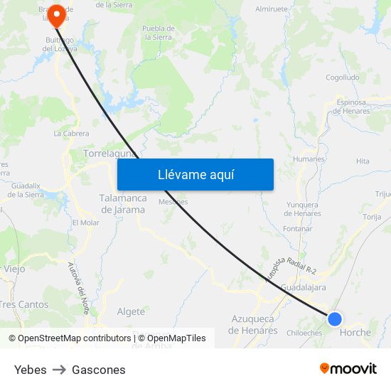 Yebes to Gascones map