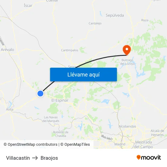 Villacastín to Braojos map