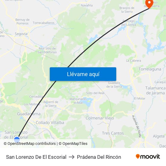San Lorenzo De El Escorial to Prádena Del Rincón map