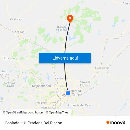 Coslada to Prádena Del Rincón map