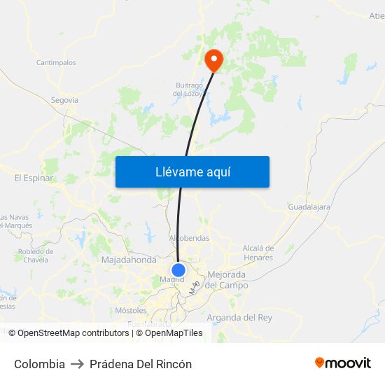 Colombia to Prádena Del Rincón map