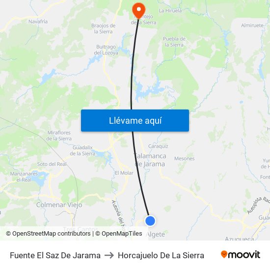 Fuente El Saz De Jarama to Horcajuelo De La Sierra map