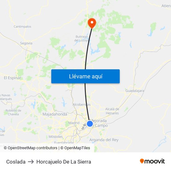 Coslada to Horcajuelo De La Sierra map