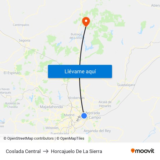 Coslada Central to Horcajuelo De La Sierra map