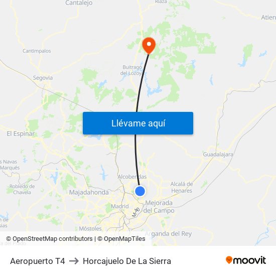 Aeropuerto T4 to Horcajuelo De La Sierra map